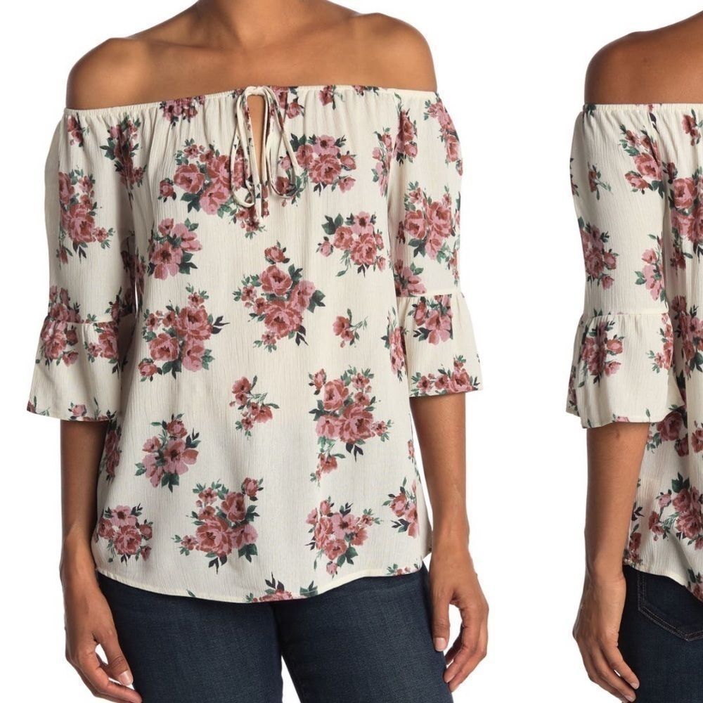 TUA Floral Bell Sleeve Off-Shoulder Blouse (S)